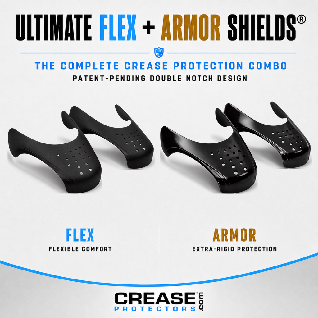 Crease protectors combo pack — Ultimate Flex and Armor Shields shoe crease protectors for sneakers and dress shoes