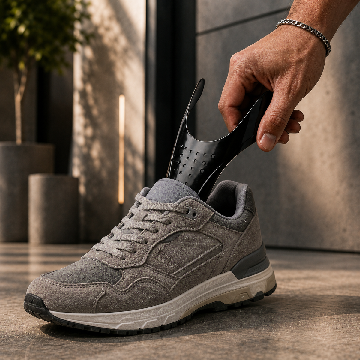 An Ultimate Armor Shield being slid into a grey suede sneaker