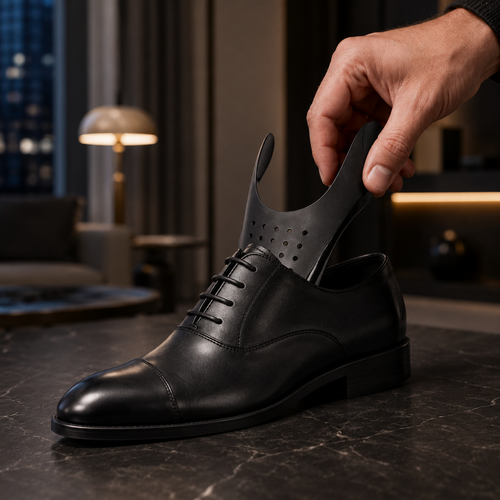 A Flex + Armor Combo Pack shield being slid into a black leather cap-toe dress shoe