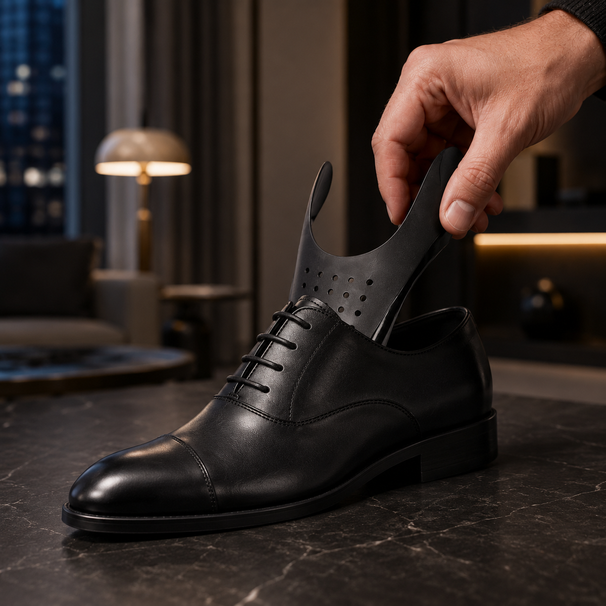 An Ultimate Flex Shield being placed into a black cap-toe dress shoe on a dark surface