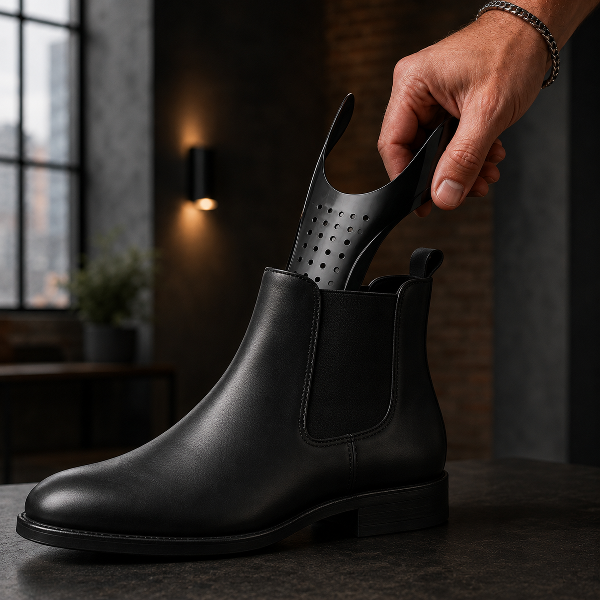 An Ultimate Flex Shield being placed into a black leather Chelsea boot