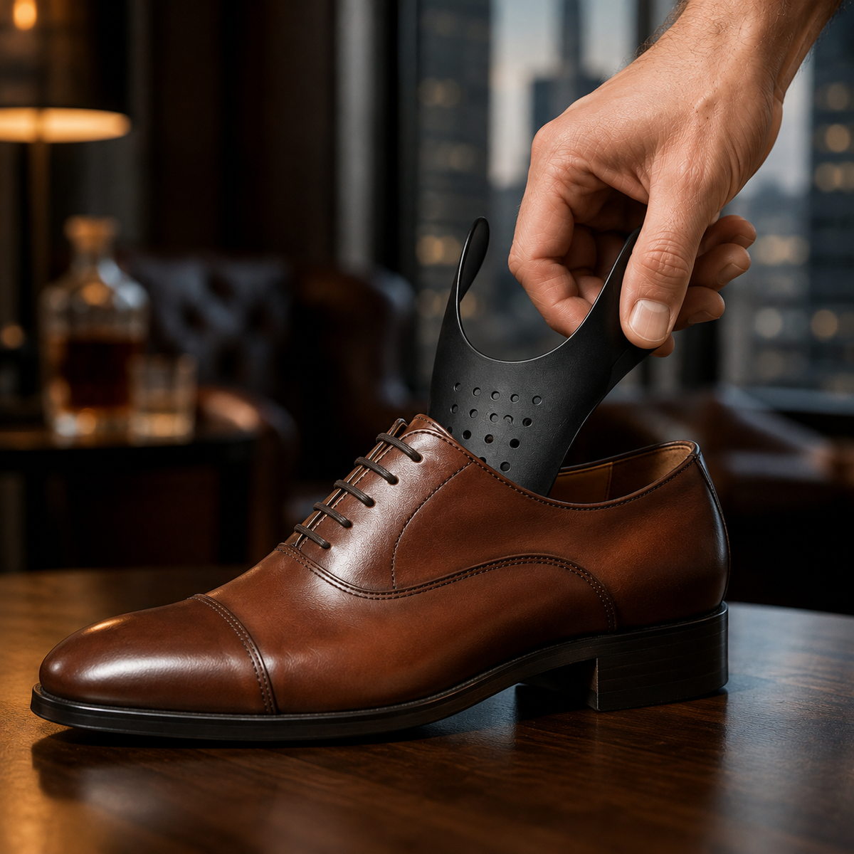 An Ultimate Flex Shield being placed into a brown cap-toe dress shoe