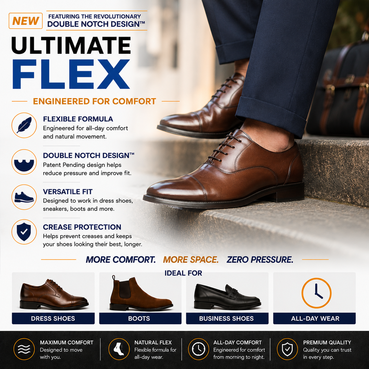 Ultimate Flex Shields graphic: flexible formula, patent-pending Double Notch Design, and a fit for dress shoes and boots