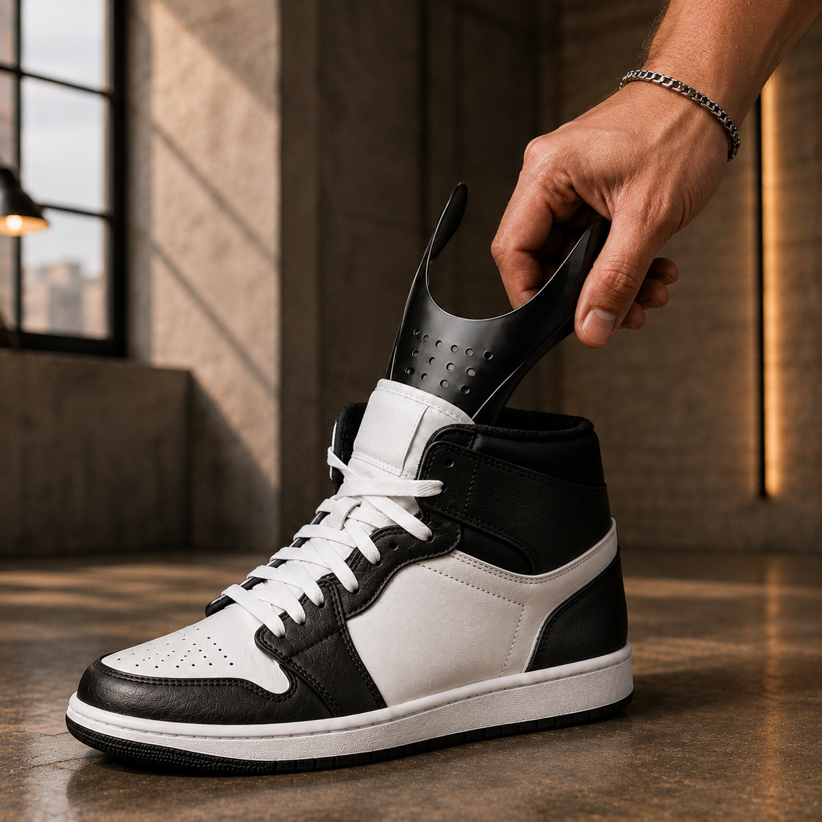 An Ultimate Flex Shield being placed into a black and white high-top sneaker, side view