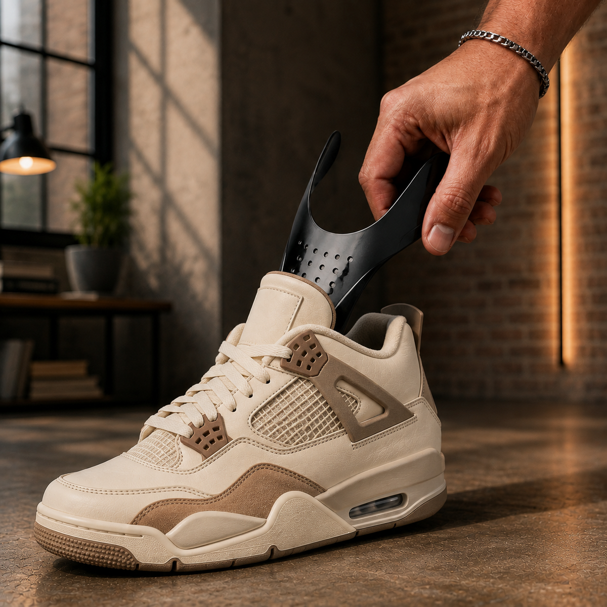 An Ultimate Flex Shield being placed into a cream and tan sneaker, side view