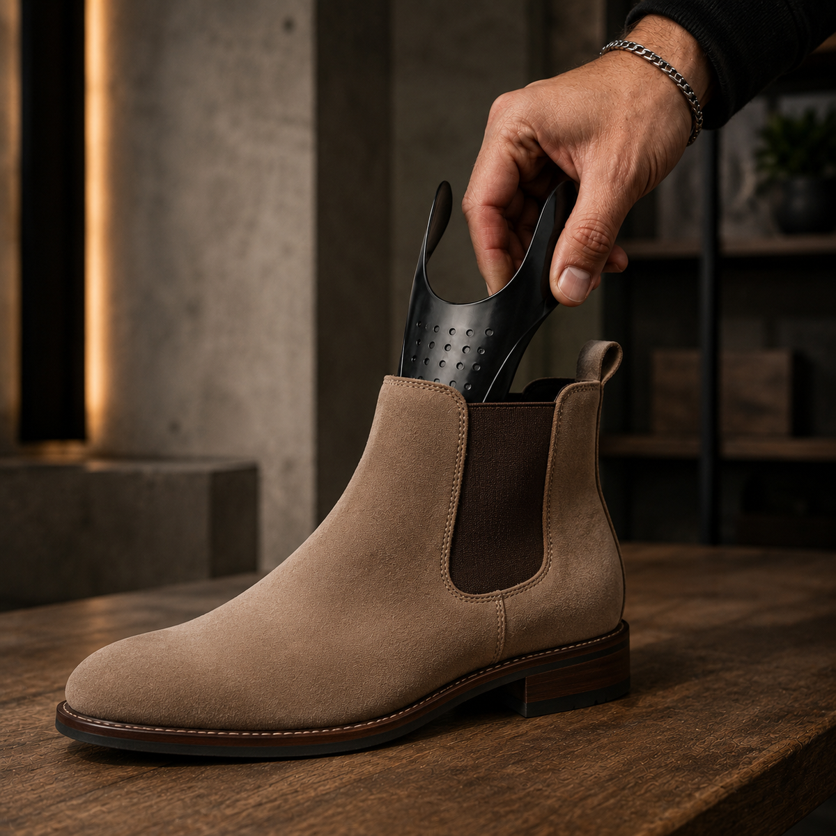 An Ultimate Flex Shield being placed into a tan suede Chelsea boot