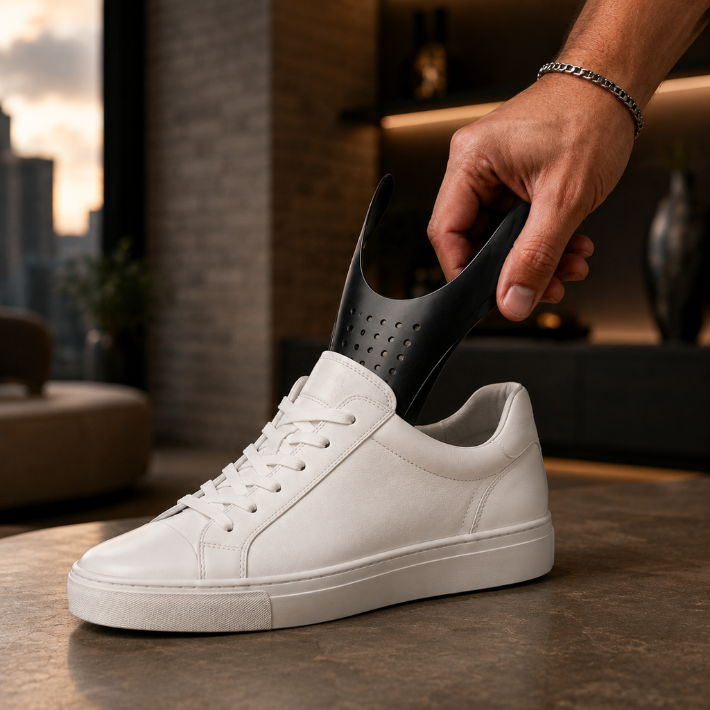 An Ultimate Flex Shield being placed into a white low-top sneaker
