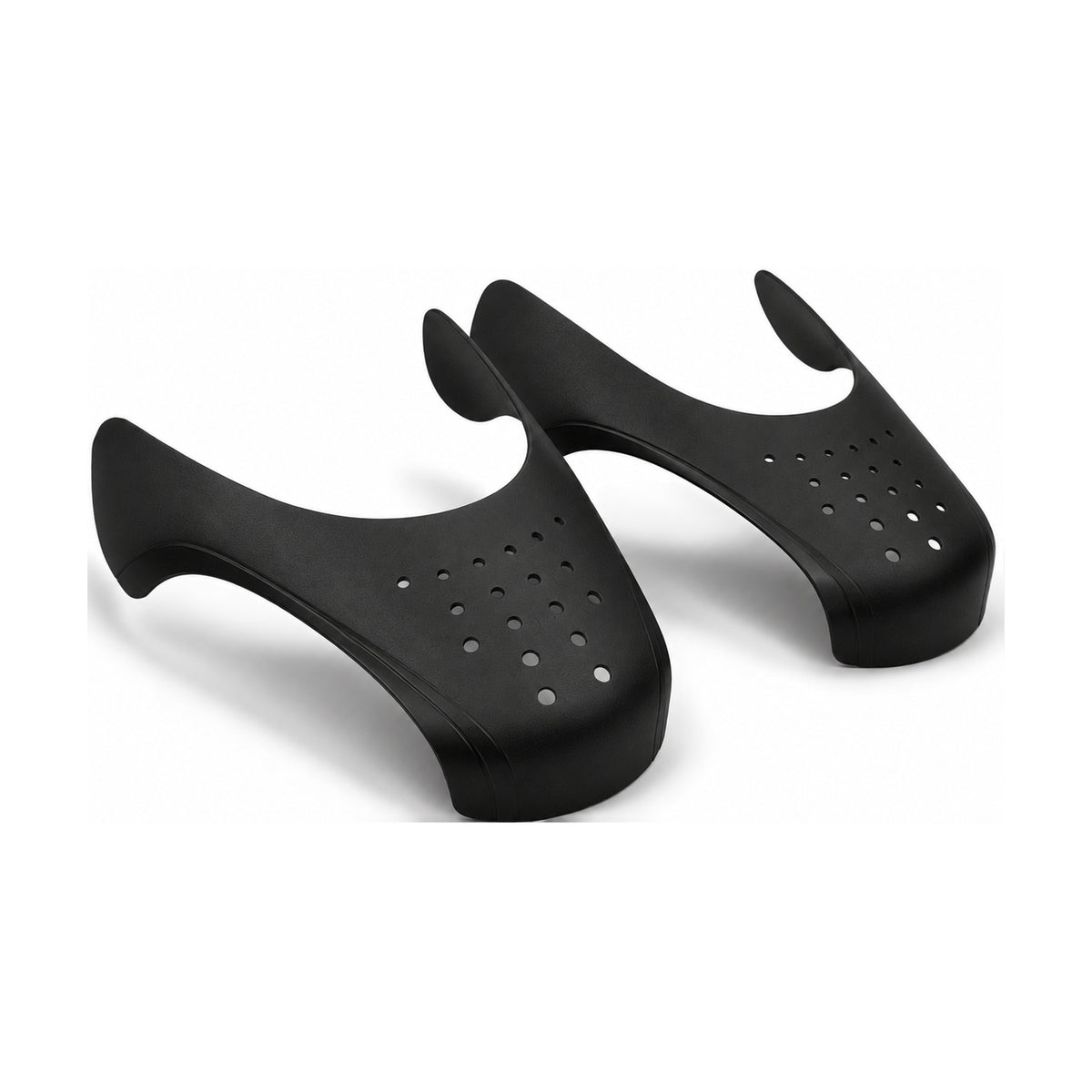A pair of Ultimate Flex Shields crease protectors in black, showing the patent-pending Double Notch Design and ventilation holes